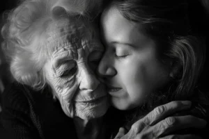 Mulher abraça idosa com expressão de carinho e despedida simbolizando o luto pela avó