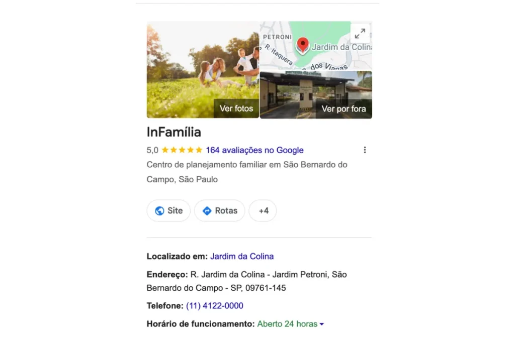 InFamília é confiável? Perfil da empresa no Google com nota 5,0 e 164 avaliações.