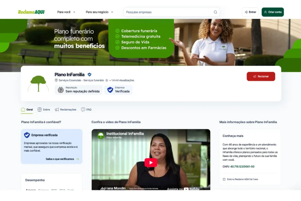 InFamília é confiável? Perfil do Plano InFamília no Reclame Aqui como empresa verificada.