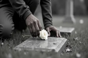 Pessoa coloca uma rosa branca sobre um túmulo, representando o que fazer quando uma pessoa morre