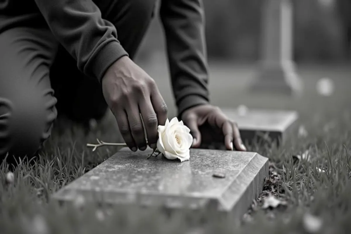 Pessoa coloca uma rosa branca sobre um túmulo, representando o que fazer quando uma pessoa morre